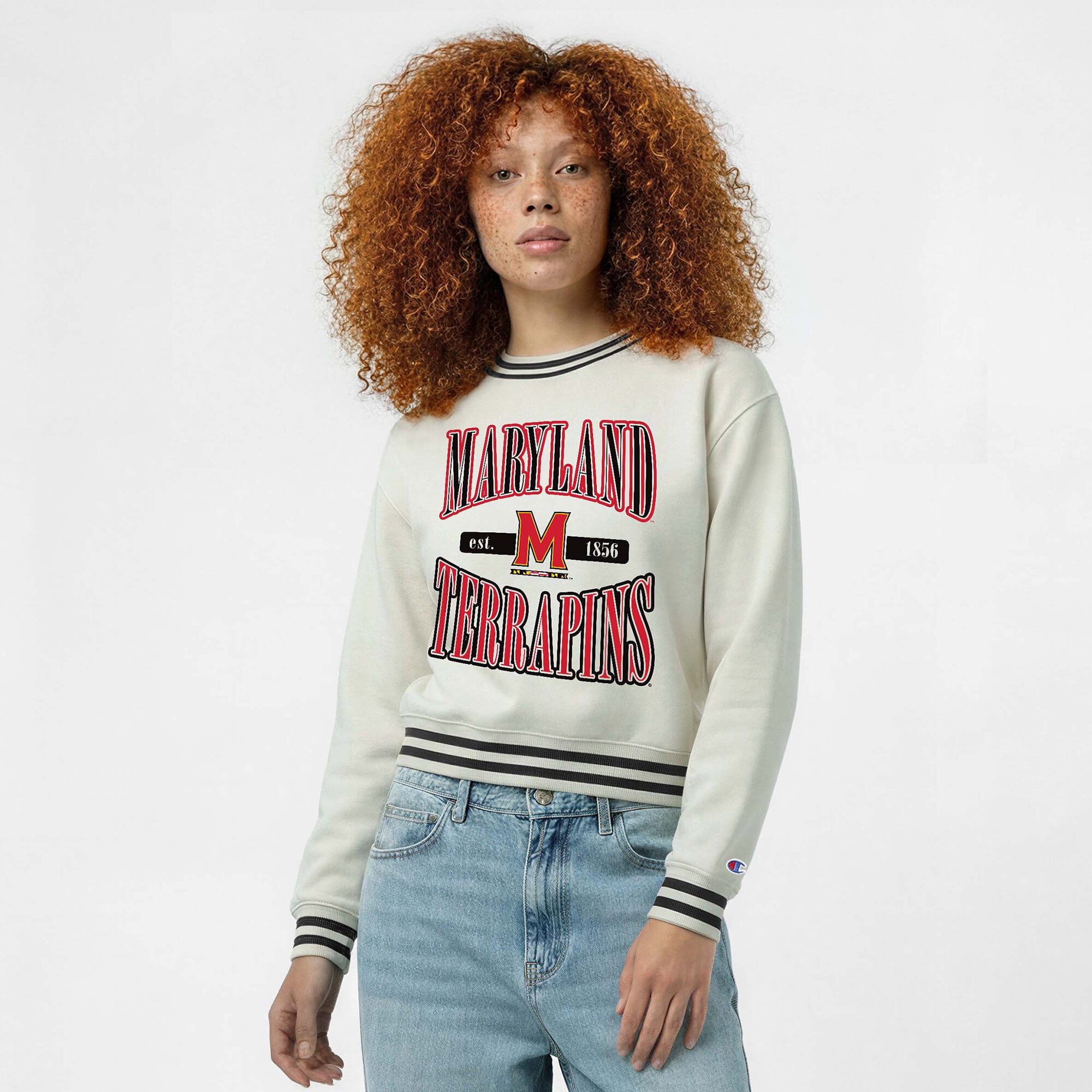 Women's Champion  White Maryland Terrapins Yarn Dye Rib Reverse Weave Crew Sweatshirt